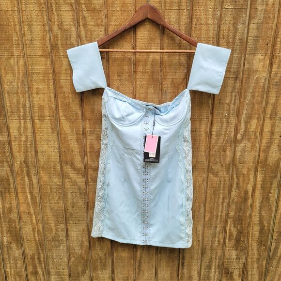 PrettyLittleThing Blue Lace Inset Hook & Eye Bardot Bodycon Dress Womens Size 6 - Picture 1 of 12